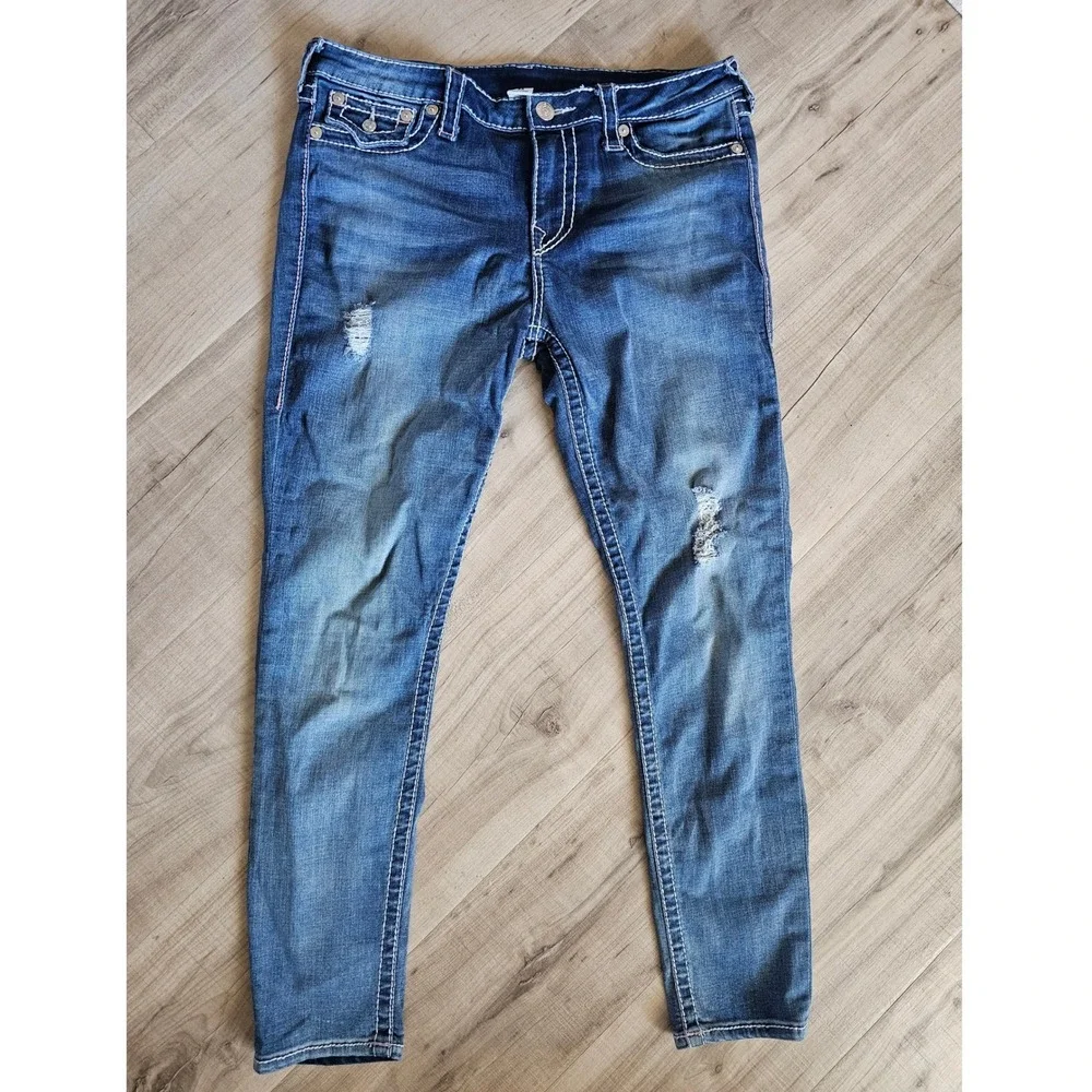 True Religion Super Skinny Mens Blue Distressed Jeans Size 33 White Stitching